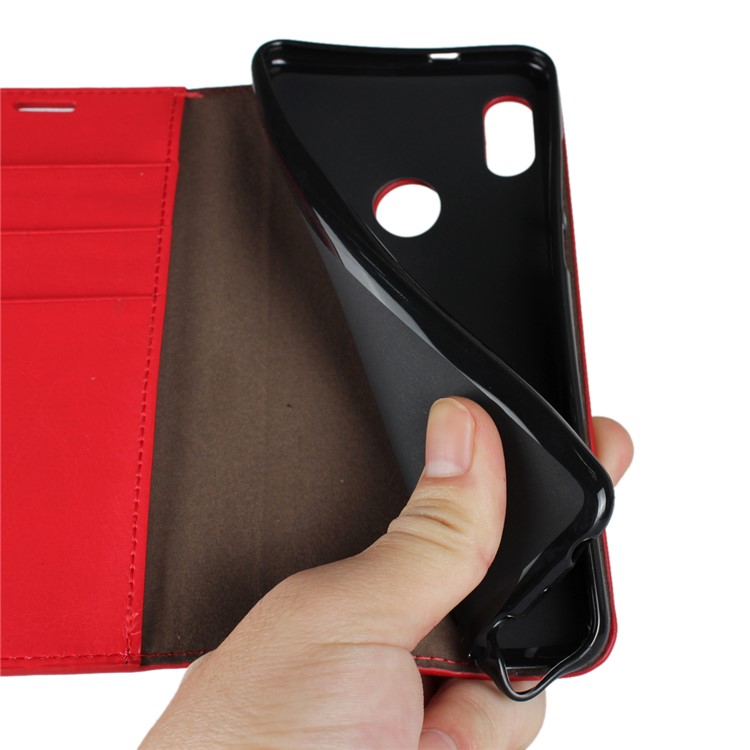 Crazy Horse Texture Genuine Leather Wallet Stand Shell for Xiaomi Mi A2 / Mi 6X - Red-5