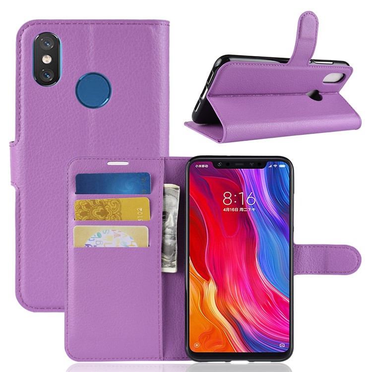 Litchi Skin Stand Leather Card Holder Case Cover for Xiaomi Mi 8 (6.21-inch) - Purple-1