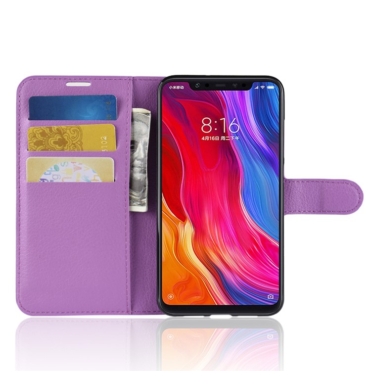 Litchi Skin Stand Leather Card Holder Case Cover for Xiaomi Mi 8 (6.21-inch) - Purple-4