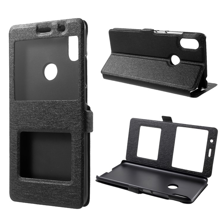 Silk Texture Dual View Window Leather Stand Flip Cover for Xiaomi Redmi S2 / Y2 - Black-1