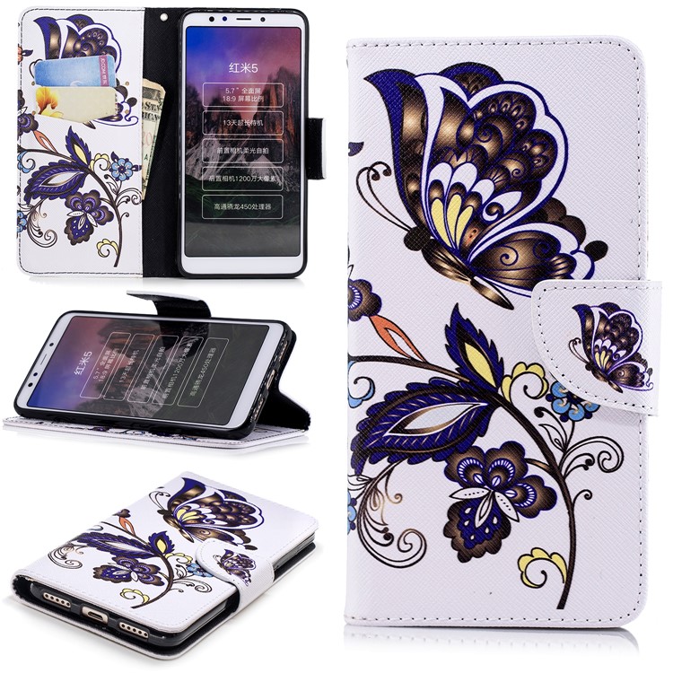 Pattern Printing Wallet Stand Leather Flip Case for Xiaomi Redmi 5 - Butterfly and Flower-1