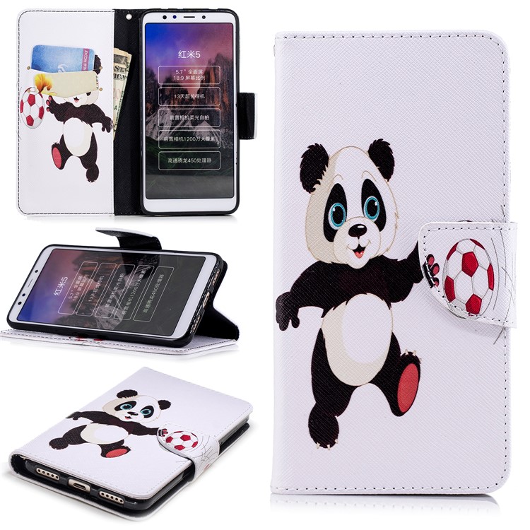 Pattern Printing Wallet Stand Leather Flip Cover for Xiaomi Redmi 5 - Panda Playing Football-1