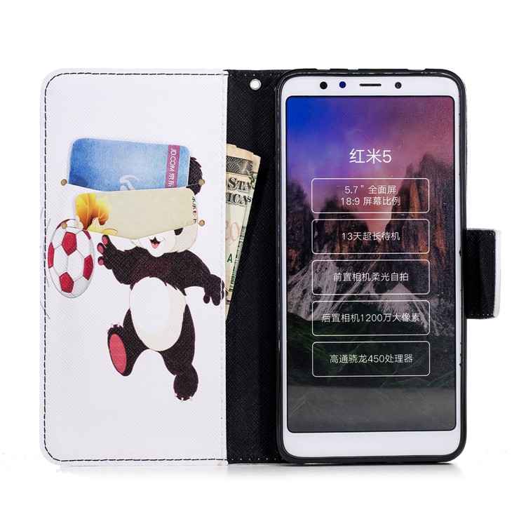 Pattern Printing Wallet Stand Leather Flip Cover for Xiaomi Redmi 5 - Panda Playing Football-8