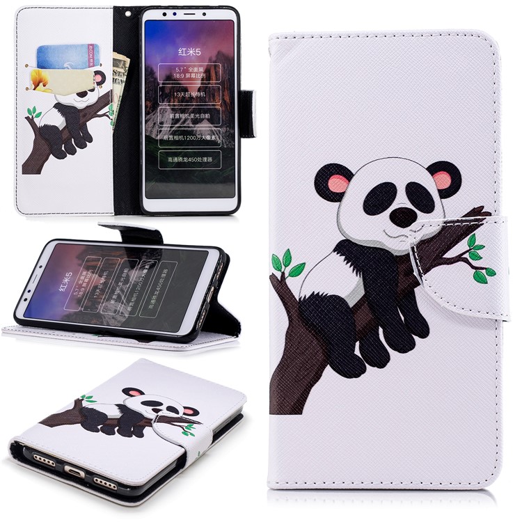 Patterned Wallet Stand Leather Phone Shell for Xiaomi Redmi 5 - Panda Climbing Tree-1