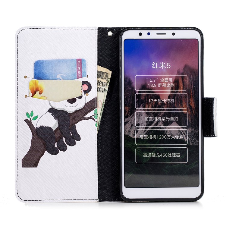 Patterned Wallet Stand Leather Phone Shell for Xiaomi Redmi 5 - Panda Climbing Tree-8