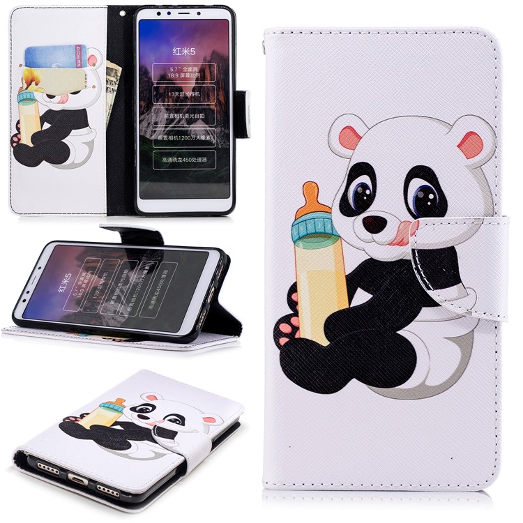 Wallet Stand Patterned Leather Phone Cover for Xiaomi Redmi 5 - Panda Holding a Bottle-1