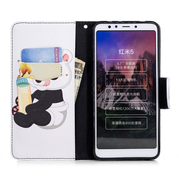 Wallet Stand Patterned Leather Phone Cover for Xiaomi Redmi 5 - Panda Holding a Bottle-8