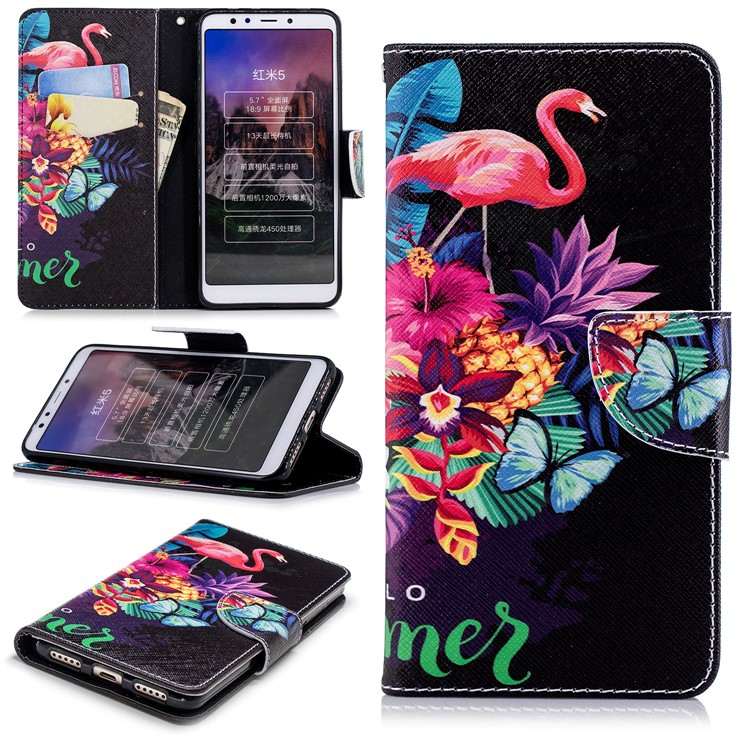 Pattern Printing Wallet Stand Leather Cellphone Cover for Xiaomi Redmi 5 - Flamingo and Pineapple-1
