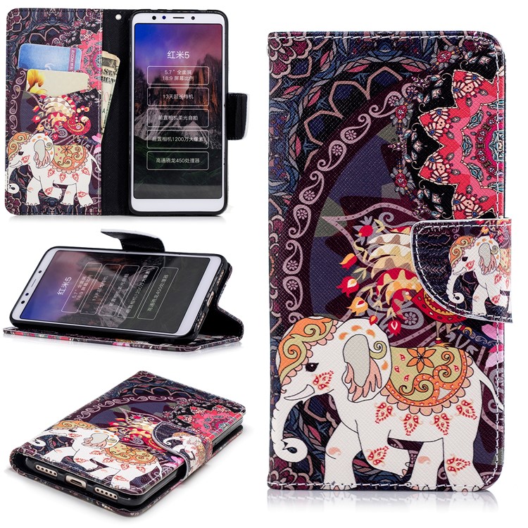 Patterned Wallet Stand Leather Protective Case for Xiaomi Redmi 5 - Elephant and Peacock-1