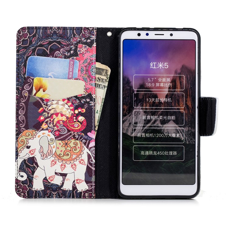 Patterned Wallet Stand Leather Protective Case for Xiaomi Redmi 5 - Elephant and Peacock-8