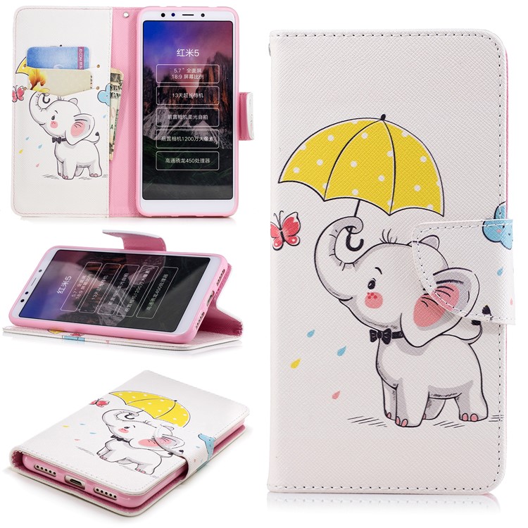 Patterned Wallet Stand Leather Phone Case Cover for Xiaomi Redmi 5 - Elephant Holding an Umbrella-1