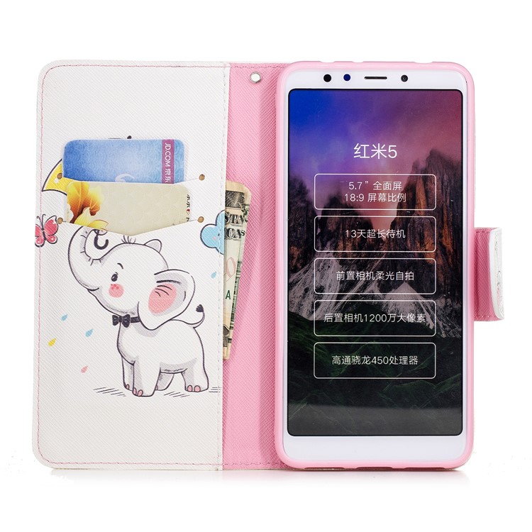 Patterned Wallet Stand Leather Phone Case Cover for Xiaomi Redmi 5 - Elephant Holding an Umbrella-8