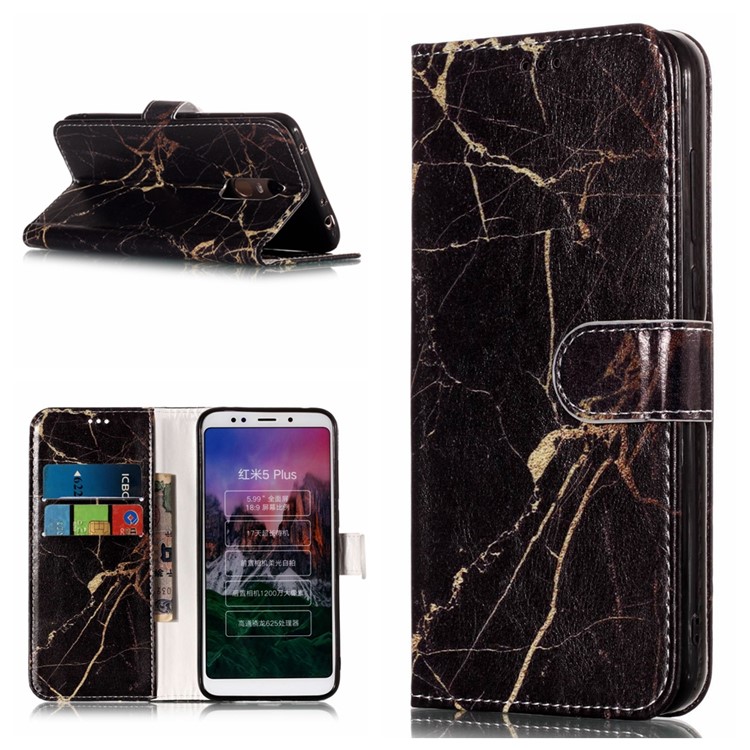 Patterned PU Leather Phone Case for Xiaomi Redmi Note 5 (12MP Rear Camera) / Redmi 5 Plus (China) - Black Marble Pattern-1