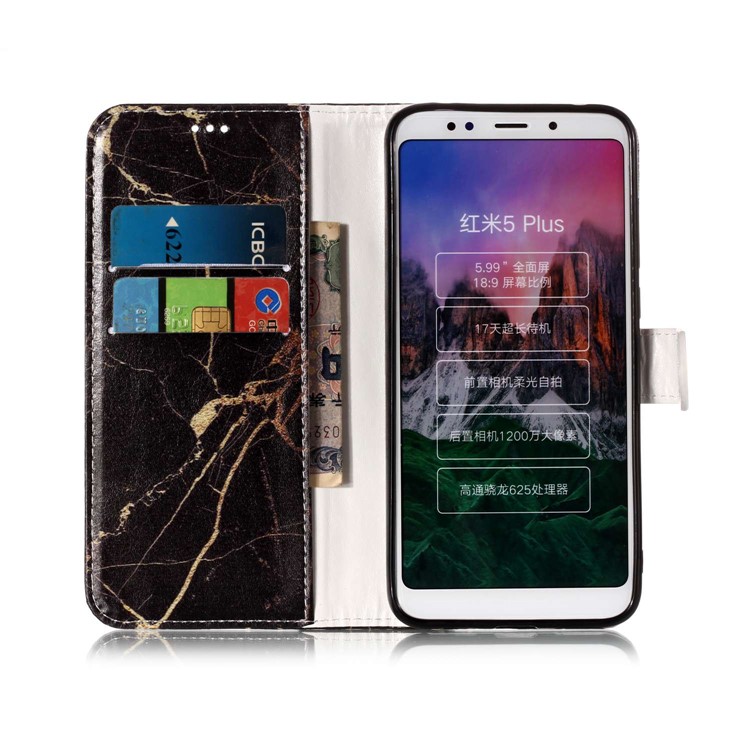 Patterned PU Leather Phone Case for Xiaomi Redmi Note 5 (12MP Rear Camera) / Redmi 5 Plus (China) - Black Marble Pattern-4