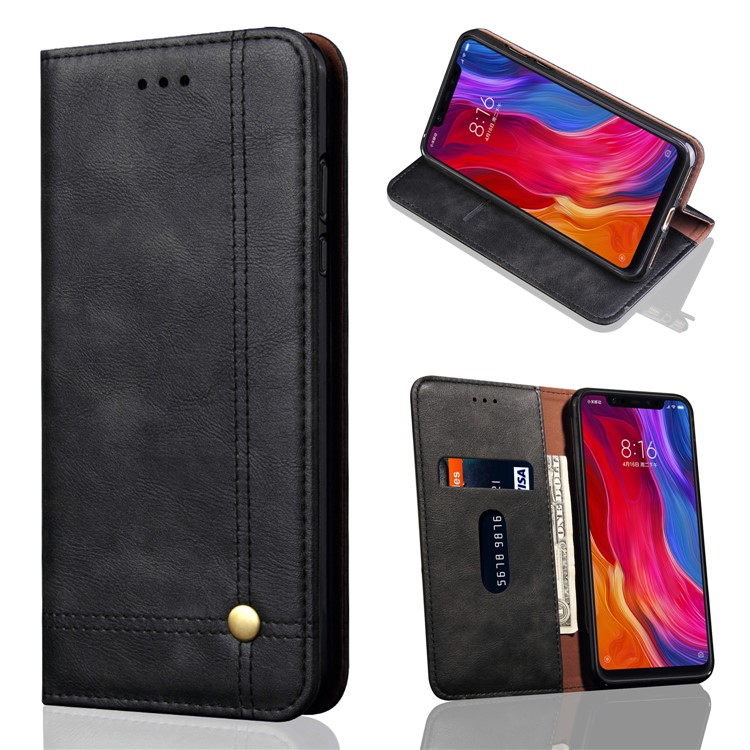 Auto-absorbed Crazy Horse Retro Leather Wallet Stand Case for Xiaomi Mi 8 (6.21-inch) - Black-1