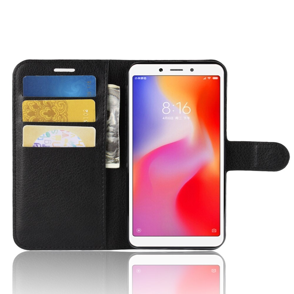 Litchi Texture Leather Stand Stand Capa Mobile Para Xiaomi Redmi 6a (câmera Traseira Única de 12mp) - Preto