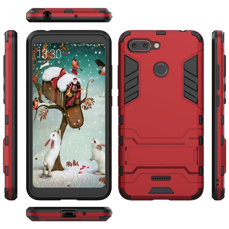 Cool Guard Plastic TPU Hybrid Phone Cover Case with Kickstand for Xiaomi Redmi 6 (Dual Camera: 12MP+5MP) - Red-4