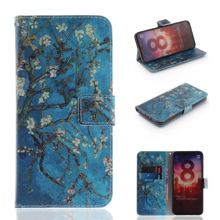 Pattern Printing Leather Wallet Shell for Xiaomi Mi 8 (6.21-inch) - Tree with Flowers-1