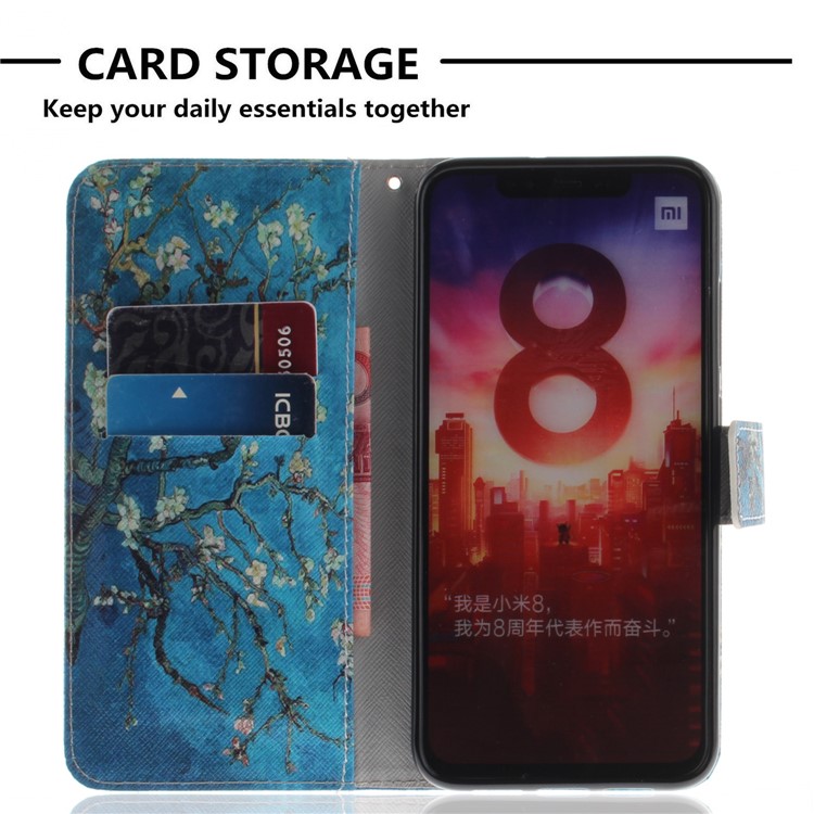 Pattern Printing Leather Wallet Shell for Xiaomi Mi 8 (6.21-inch) - Tree with Flowers-8