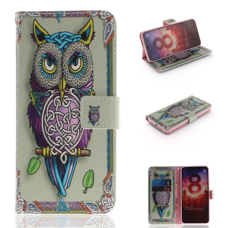 Pattern Printing Cell Phone Leather Wallet Case for Xiaomi Mi 8 (6.21-inch) - Owl Pattern-1