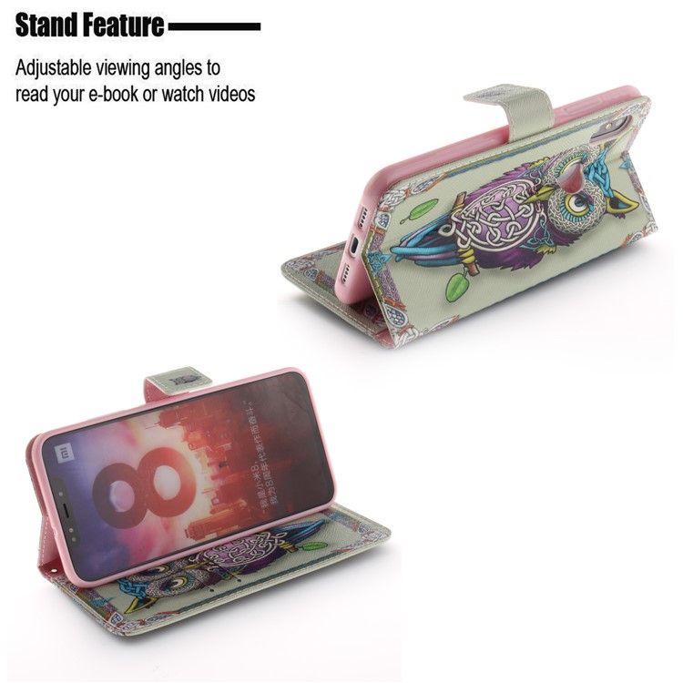 Pattern Printing Cell Phone Leather Wallet Case for Xiaomi Mi 8 (6.21-inch) - Owl Pattern-5