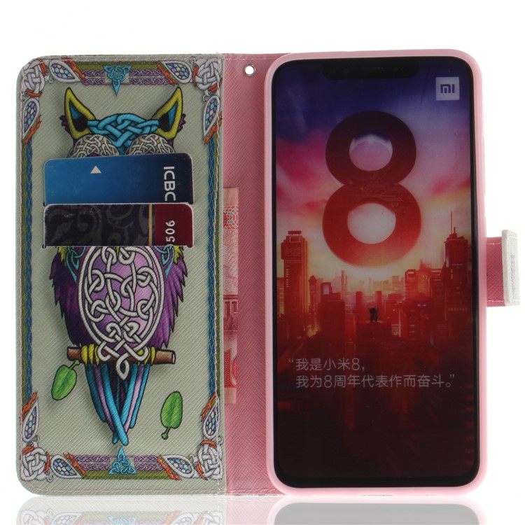 Pattern Printing Cell Phone Leather Wallet Case for Xiaomi Mi 8 (6.21-inch) - Owl Pattern-7