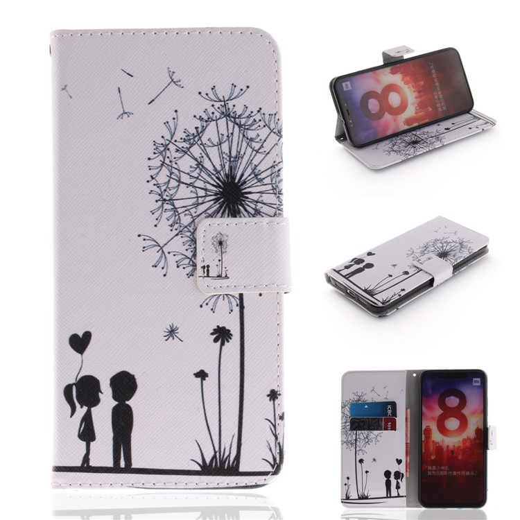 Pattern Printing Wallet Leather Stand Case for Xiaomi Mi 8 (6.21-inch) - Dandelion and Lovers-1