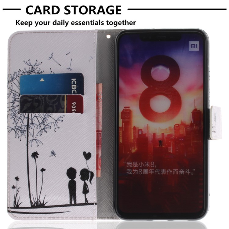 Pattern Printing Wallet Leather Stand Case for Xiaomi Mi 8 (6.21-inch) - Dandelion and Lovers-8