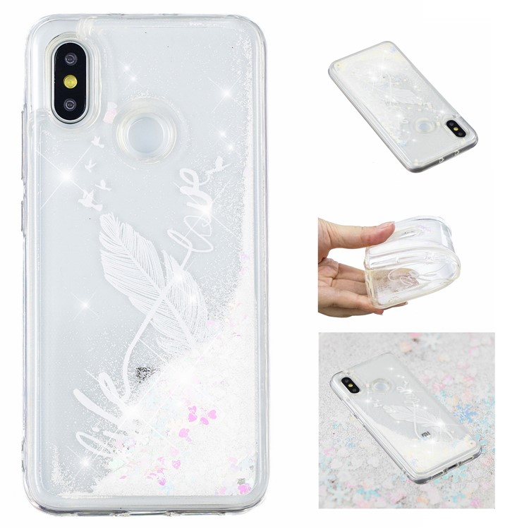 Dynamic Glitter Powder Heart Shaped Sequins TPU Cover Shell Case for Xiaomi Mi 8 (6.21-inch) - White Quill Pen-1