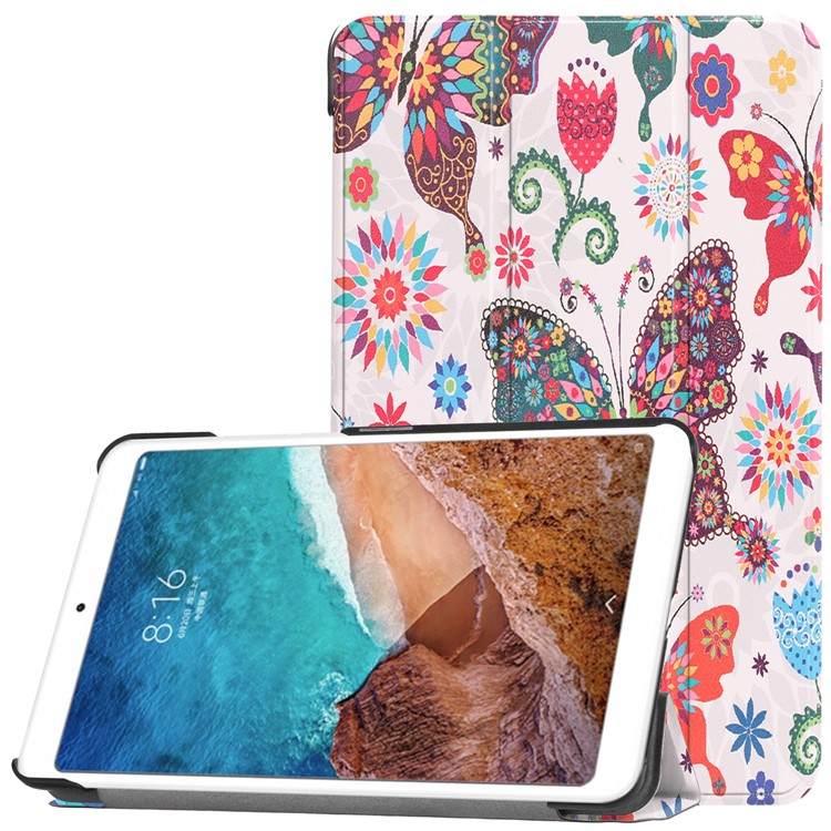 Pattern Printing Smart Tri-fold Leather Stand Shell Case for Xiaomi Mi Pad 4 - Butterfly Flower-1