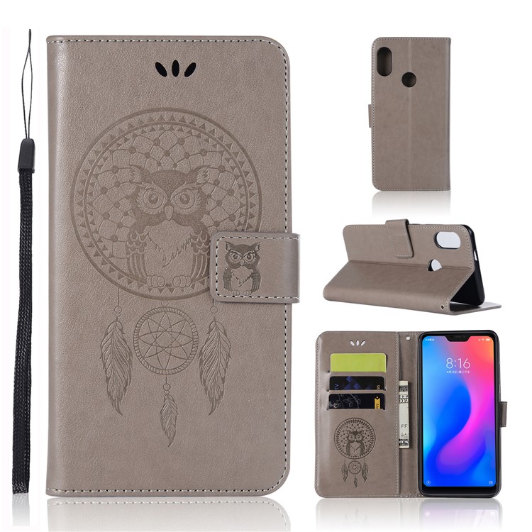 Imprinted Dream Catcher Owl Leather Wallet Cover for Xiaomi Mi A2 Lite / Redmi 6 Pro - Grey-1