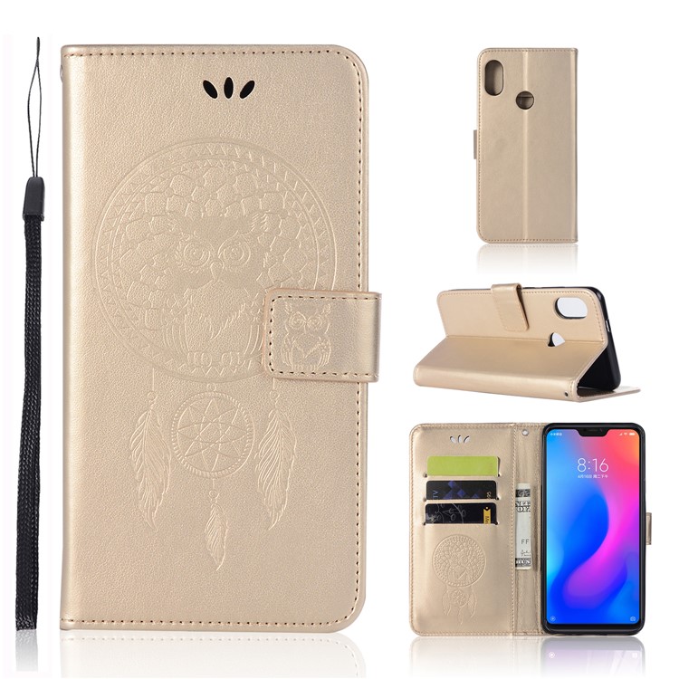 Imprinted Dream Catcher Owl Leather Wallet Phone Case for Xiaomi Mi A2 Lite / Redmi 6 Pro - Gold-1