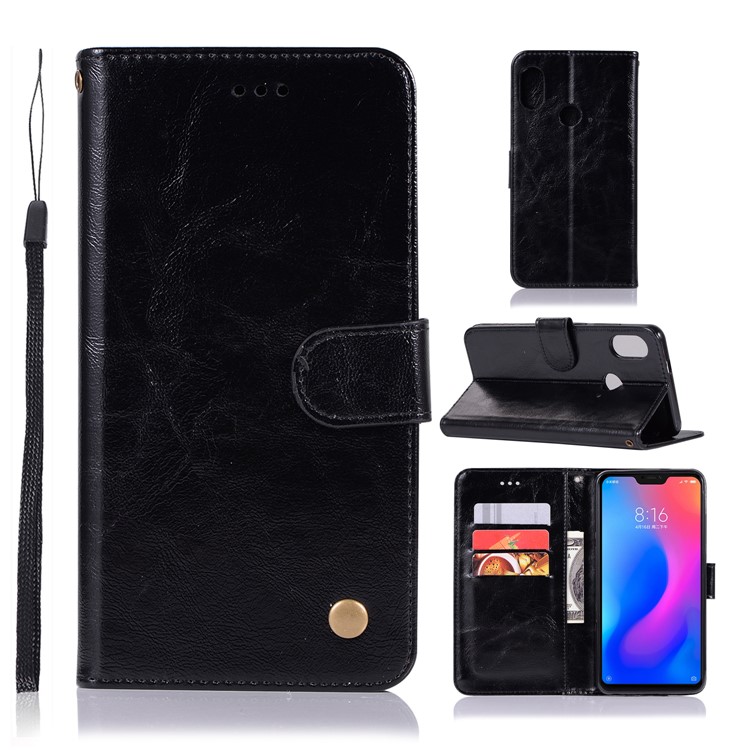 Premium Vintage Leather Wallet Case for Xiaomi Mi A2 Lite / Redmi 6 Pro - Black-1