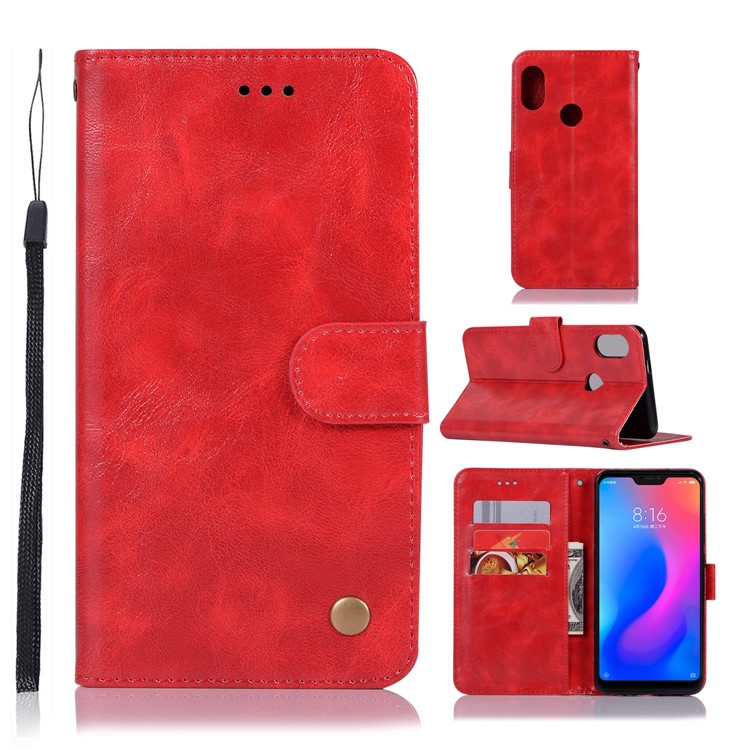 Premium Vintage Leather Wallet Shell Case for Xiaomi Mi A2 Lite / Redmi 6 Pro - Red-1
