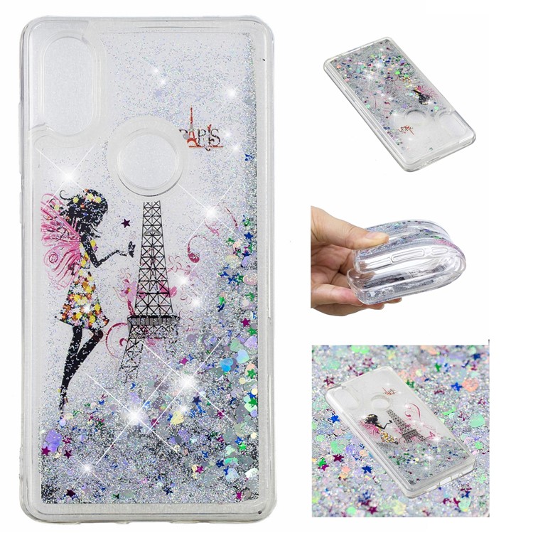Patterned Dynamic Glitter Powder Sequins TPU Phone Cover for Xiaomi Mi Mix 2s - Eiffel Tower and Butterfly Girl-1
