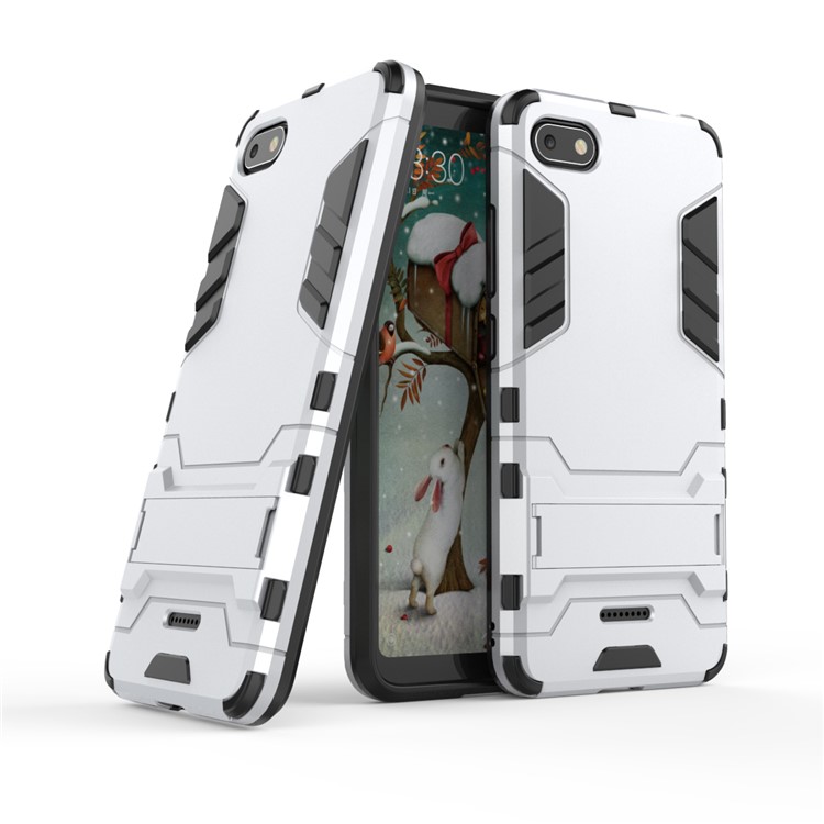 Shockproof PC + TPU Hybrid Phone Casing with Kickstand for Xiaomi Redmi 6A (Single 12MP Rear Camera) - Silver-1