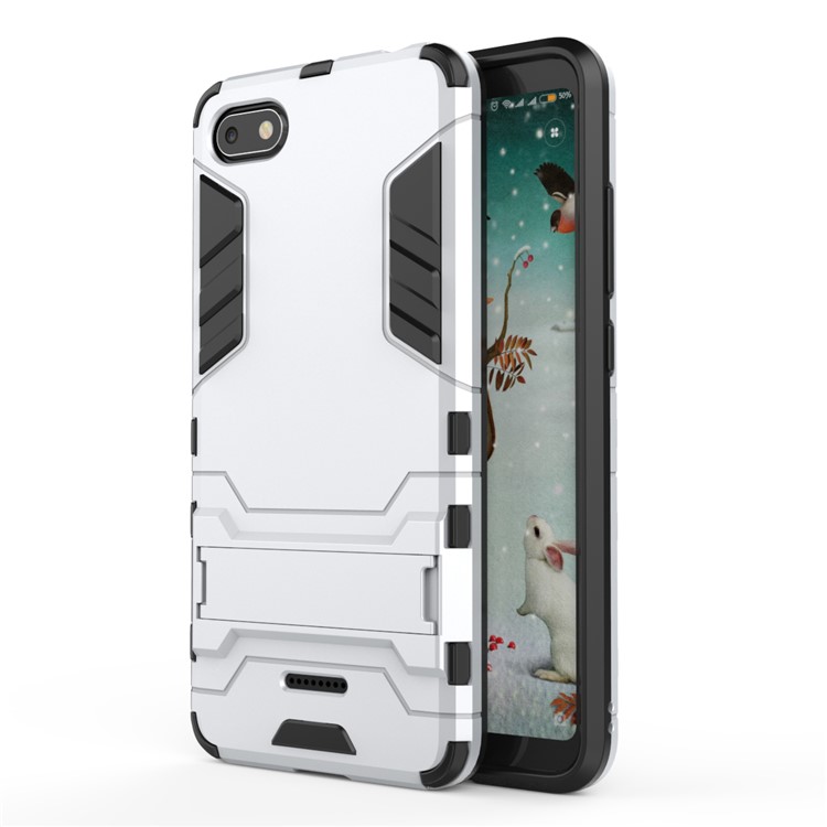 Shockproof PC + TPU Hybrid Phone Casing with Kickstand for Xiaomi Redmi 6A (Single 12MP Rear Camera) - Silver-2