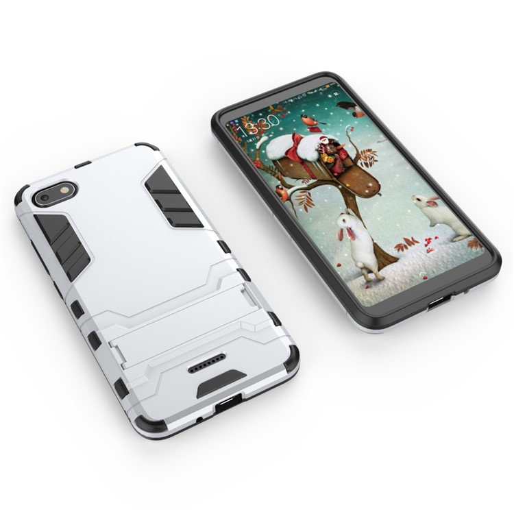 Shockproof PC + TPU Hybrid Phone Casing with Kickstand for Xiaomi Redmi 6A (Single 12MP Rear Camera) - Silver-3