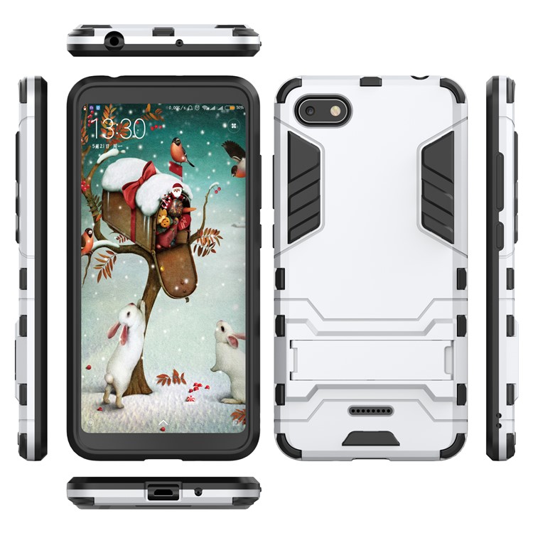 Shockproof PC + TPU Hybrid Phone Casing with Kickstand for Xiaomi Redmi 6A (Single 12MP Rear Camera) - Silver-4
