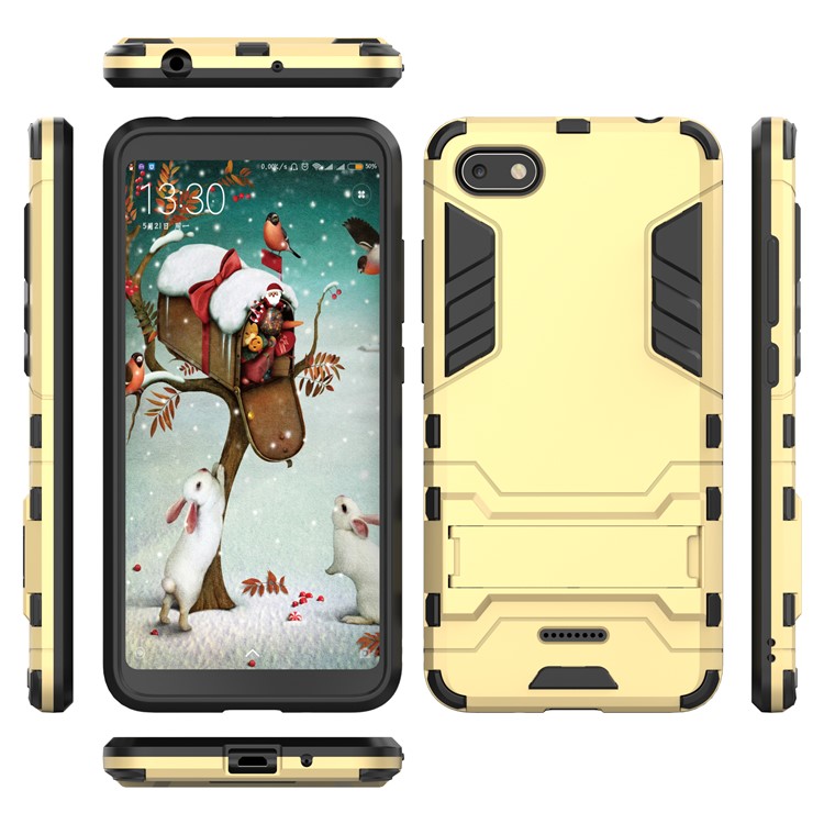 PC + TPU Hybrid Shockproof Phone Case with Kickstand for Xiaomi Redmi 6A (Single 12MP Rear Camera) - Gold-4