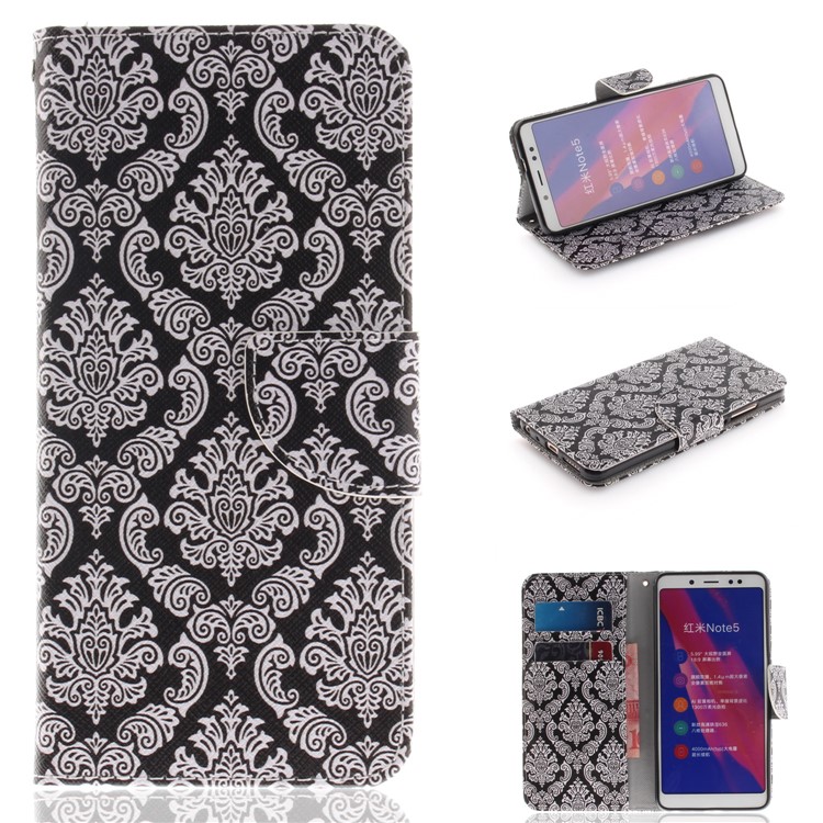 For Xiaomi Redmi Note 5 Pro (Dual Camera) / Redmi Note 5 (China) Patterned PU Leather Stand Wallet Protection Casing - Damask Flowers-1