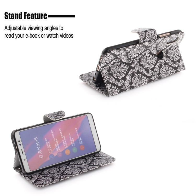 For Xiaomi Redmi Note 5 Pro (Dual Camera) / Redmi Note 5 (China) Patterned PU Leather Stand Wallet Protection Casing - Damask Flowers-5