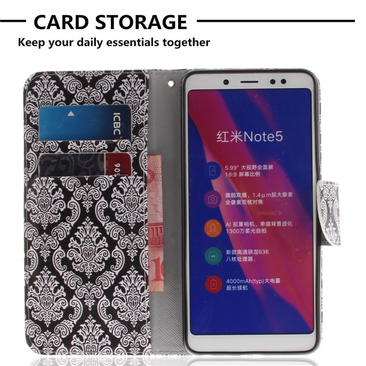For Xiaomi Redmi Note 5 Pro (Dual Camera) / Redmi Note 5 (China) Patterned PU Leather Stand Wallet Protection Casing - Damask Flowers-7