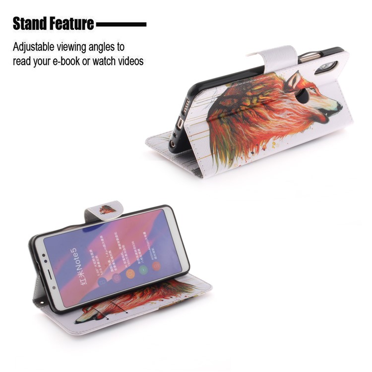 Pattern Printing Leather Wallet Case Phone Cover for Xiaomi Redmi Note 5 Pro (Dual Camera) / Redmi Note 5 (China) - Wolf Pattern-5