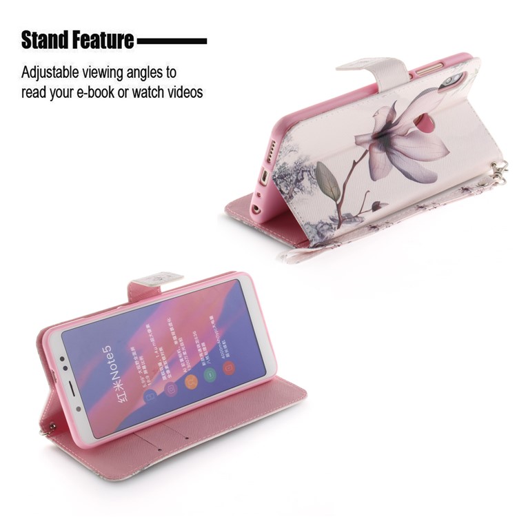 Pattern Printing Wallet Stand Leather Phone Shell for Xiaomi Redmi Note 5 Pro (Dual Camera) / Redmi Note 5 (China) - Flower-5