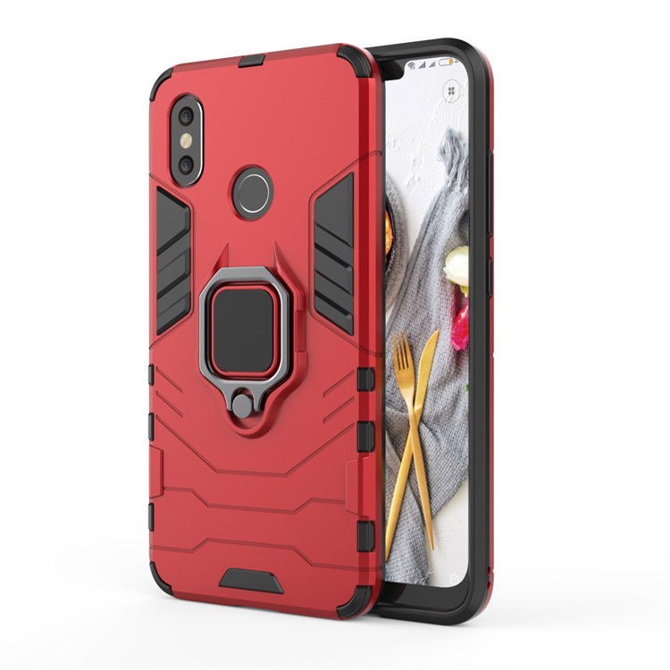 Cool Guard Plastic TPU Combo Case with Metal Ring Holder for Xiaomi Mi 8 (6.21-inch) - Red-2