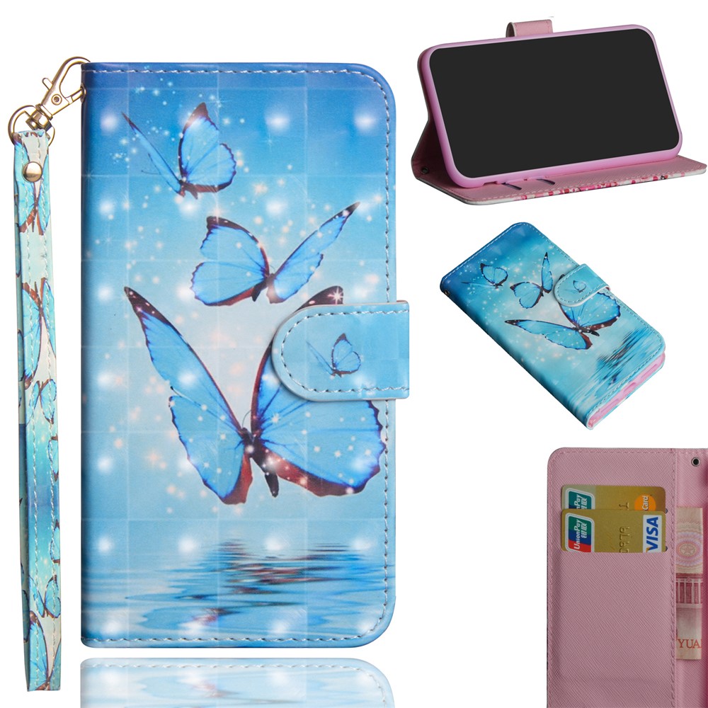 Patterned Wallet Stand Leather Cellphone Cover for Xiaomi Redmi 6A (Single 12MP Rear Camera) - Blue Butterfly