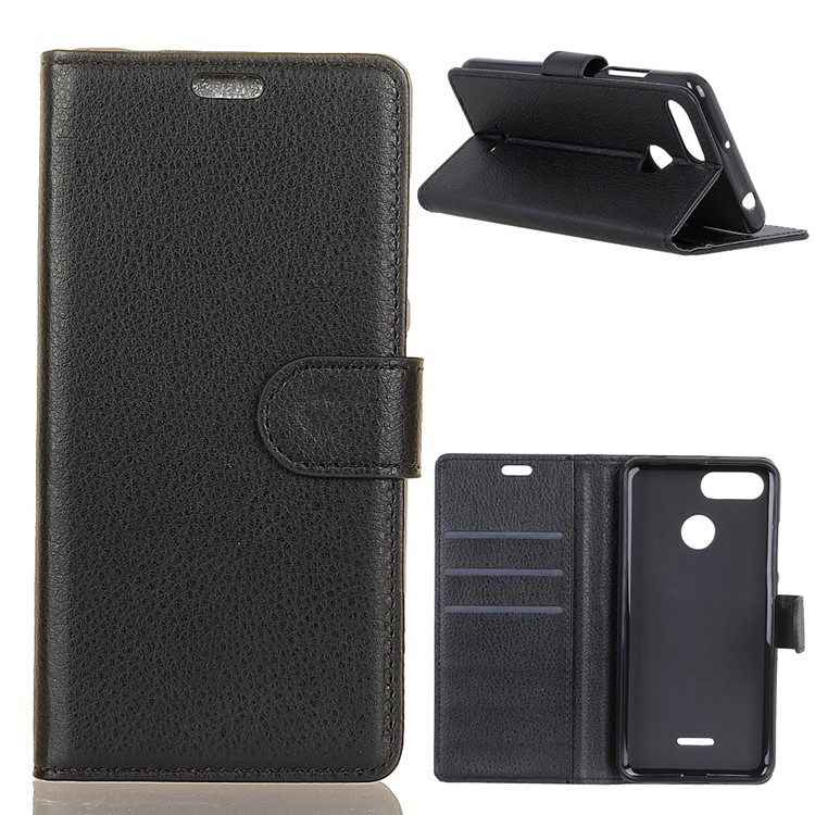 Litchi Skin Wallet Leather Stand Casingfor Xiaomi Redmi 6 (Dual Camera: 12MP+5MP) - Black-1