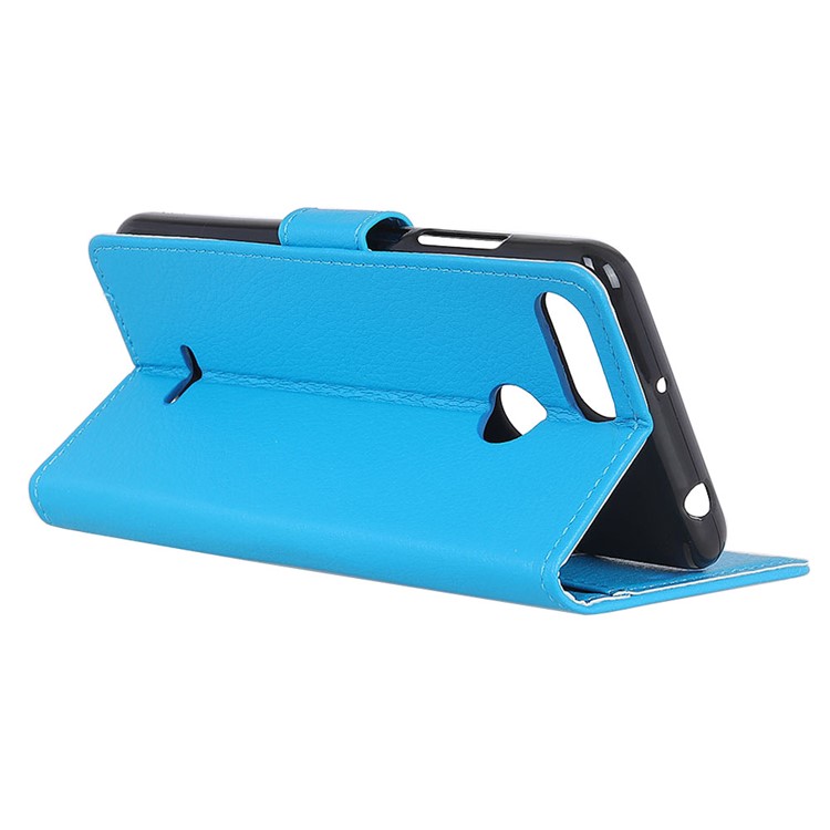 Litchi Skin Leather Stand Wallet Folio Phone Shell for Xiaomi Redmi 6 (Dual Camera: 12MP+5MP) - Blue-6