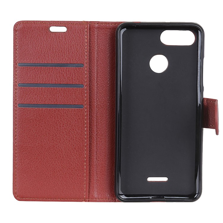 Litchi Skin Wallet Leather Stand Flip Phone Cover Case for Xiaomi Redmi 6 (Dual Camera: 12MP+5MP) - Brown-5